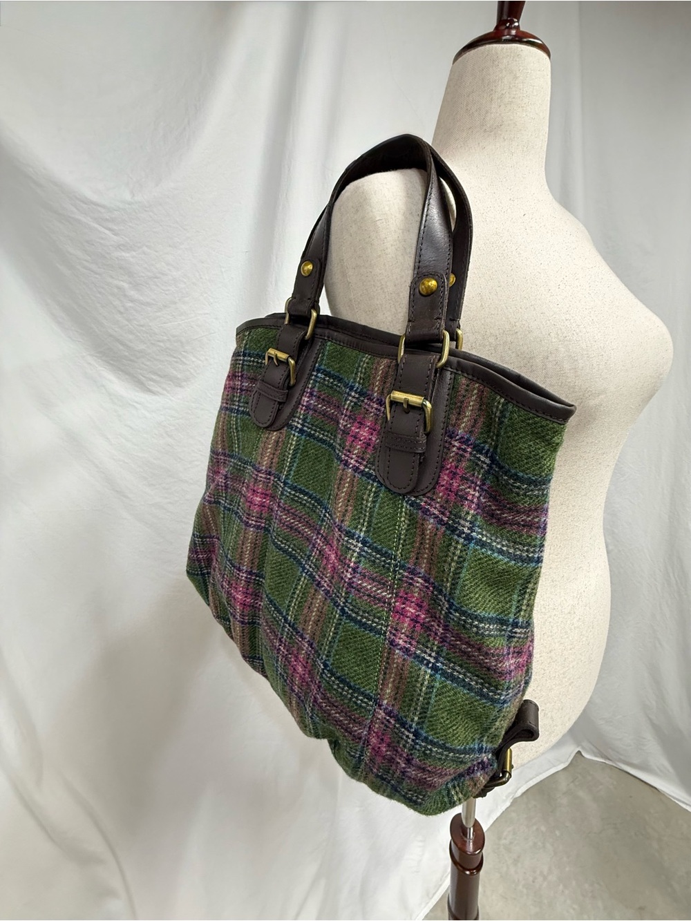 Boden British tweed by Moon 100% wool and leather Plaid Tote